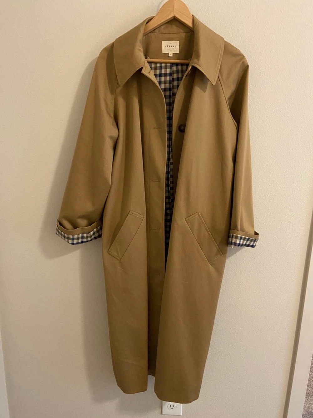 Sezane Tan Long Trench Coat with Gingham Lining